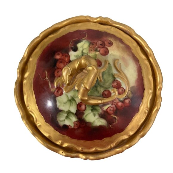 Hand Painted Porcelain Jar With Lid Featuring Berry Design & Gold Accents - Picture 5 of 9